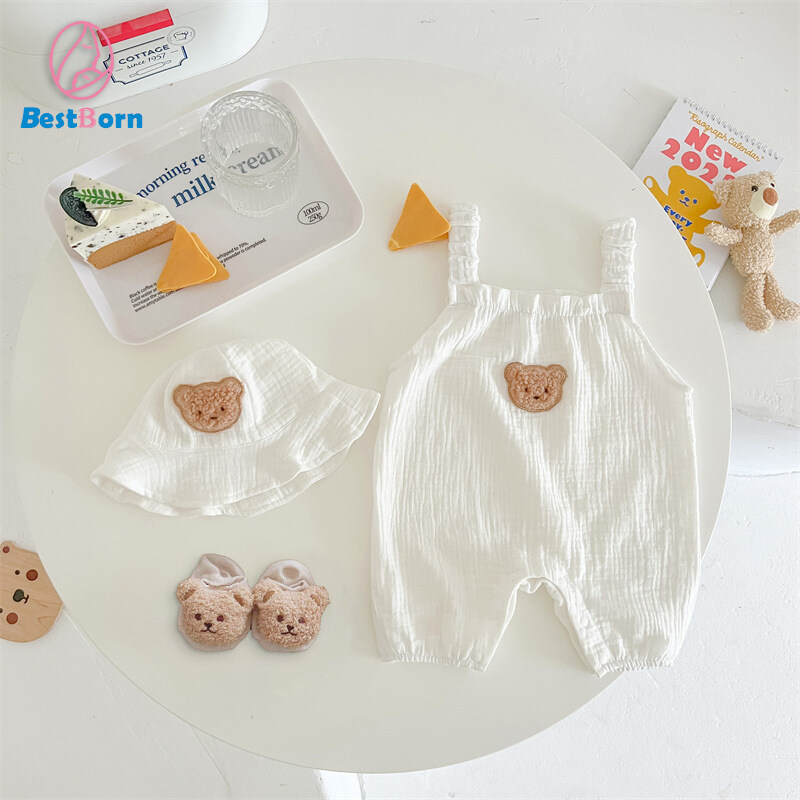 BestBorn Baby Clothes Set Cute Bear Strap Jumpsuit Hat 2 Piece Summer Cool
