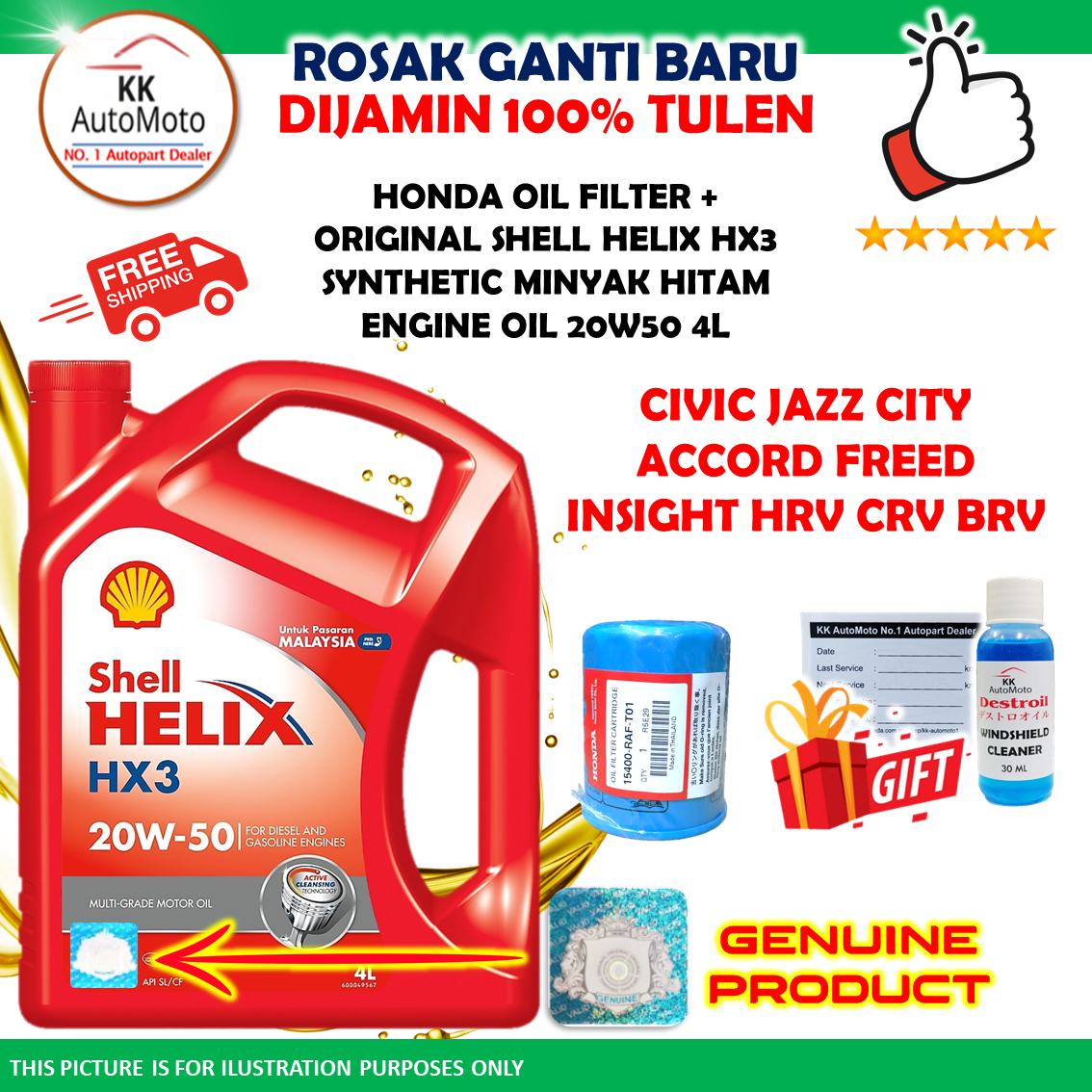Original Shell Helix HX3 Mineral Engine Oil 20W-50 20W50 + Genuine Honda Oil Filter for Honda Civic Jazz City Accord Freed Insight