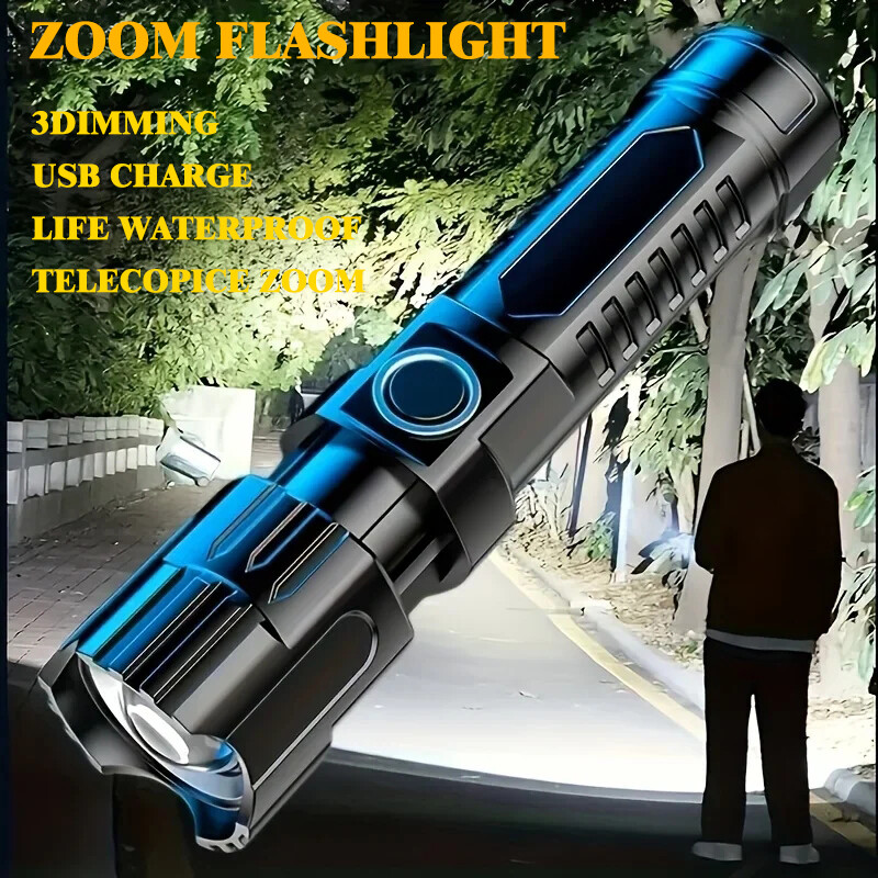 Có thể sạc qua USB Đèn pin Led zoom đèn pin ngoài trời siêu sáng Đèn cắm trại câu cá ban đêm xách tay đèn khẩn cấp