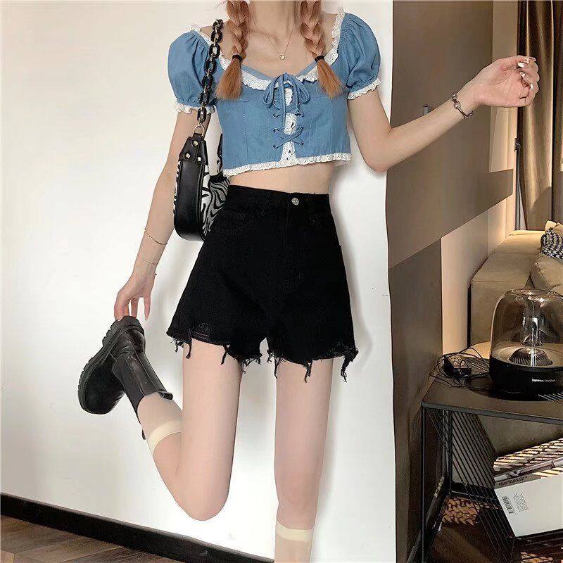 Large size denim shorts women's summer hot girl 2022 new thin loose and thin A-line raw edge black high waist hot pants