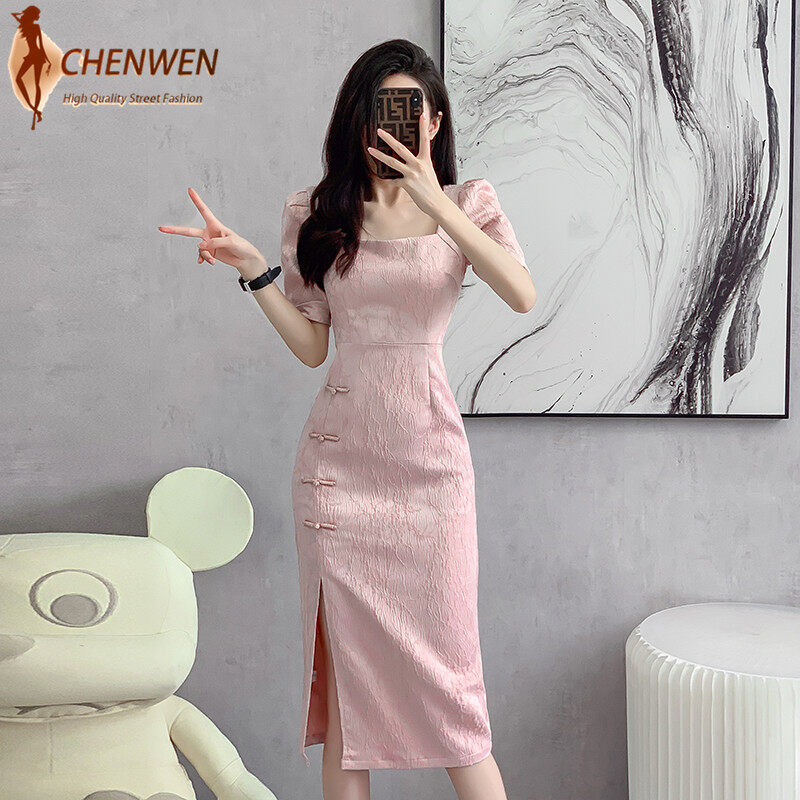 Chenwen sườn xám qipao ĐầM Trung Quốc màu hồng hiện đại sườn xám cách tân Retro buổi tối váy vuông sườn xám váy nữ hoa thanh lịch