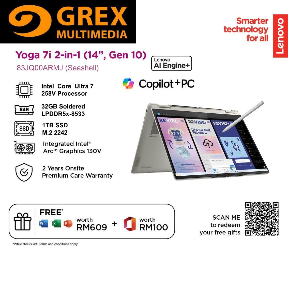 Lenovo Yoga 7 2-in-1 14ILL10 83JQ00ARMJ Seashell Color Laptop (Intel Core Ultra 7 258V, 32GB Soldered DDR5, 1TB SSD, 14" 2.8K WQXGA+ (2880x1800) OLED, Glossy, 120Hz, Touch, WIFI 7, Office Home 2024, 1