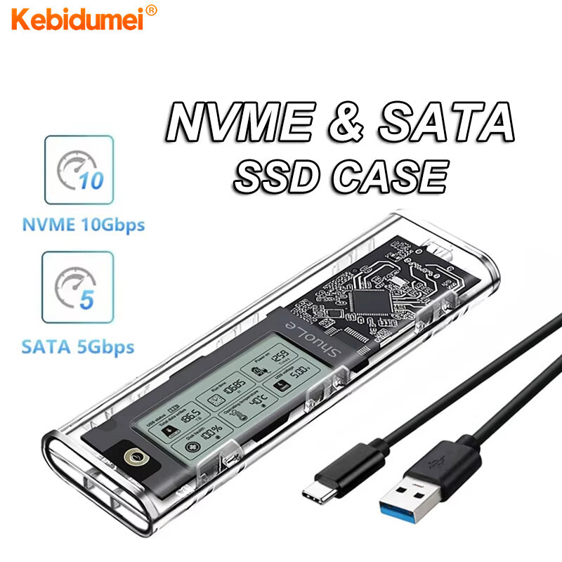 Kebidumei M.2 NVME/NGFF Dual Protocol SSD Enclosure Transparent Hard Drive Case USB3.2 Type C with Intelligent Display SATA SSD Adapter ราคา 277 บาท*ส่งฟรี