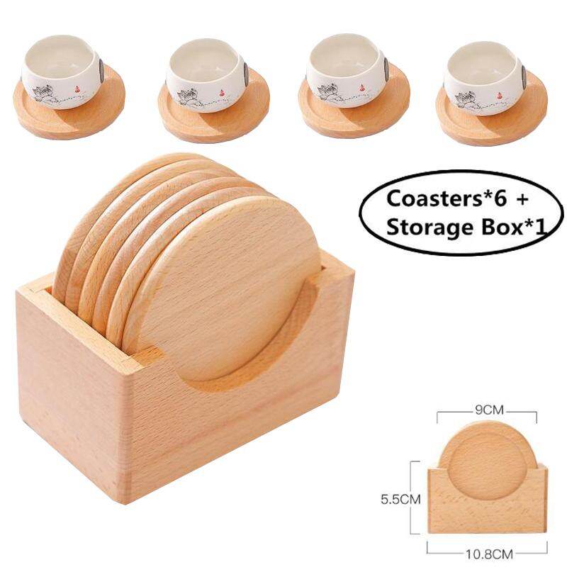 Gambar 6PCS Wooden Cup Mat for Coffee Table Drinks Cup Desk Mat with Coaster Holder Environmentally Friendly