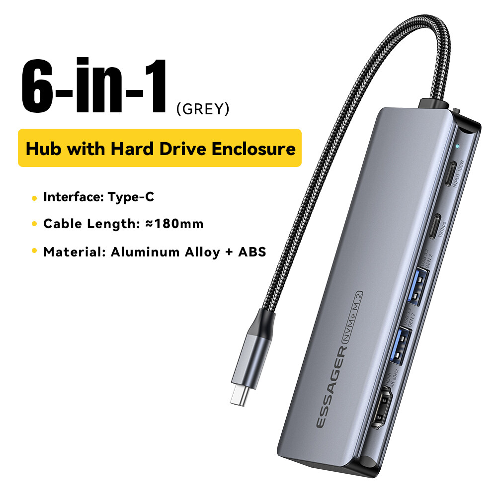 Essager Hub SSD bao vây Dock 2-in-1 pd100w sạc nhanh usb3.2 M.2 NVMe giao diện đa cổng tốc độ 10gbps