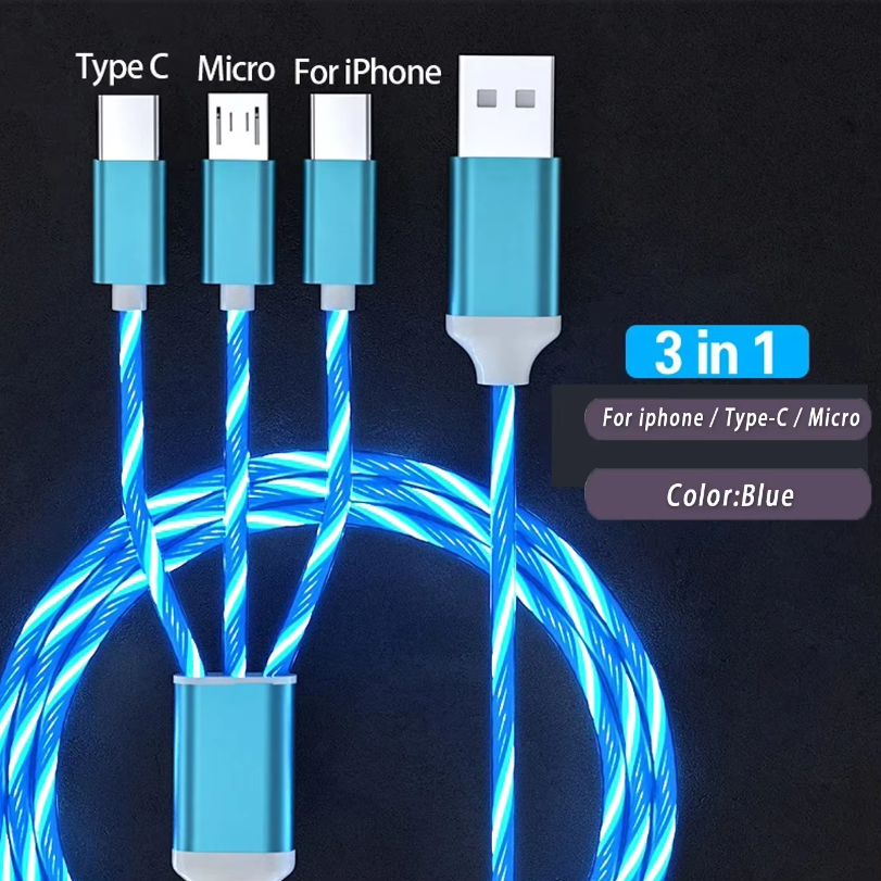 3 trong 1 đèn LED phát sáng Cáp sạc sáng loại USB C Micro USB Cáp cho iPhone 14 13 12 Xiaomi 14t Pro