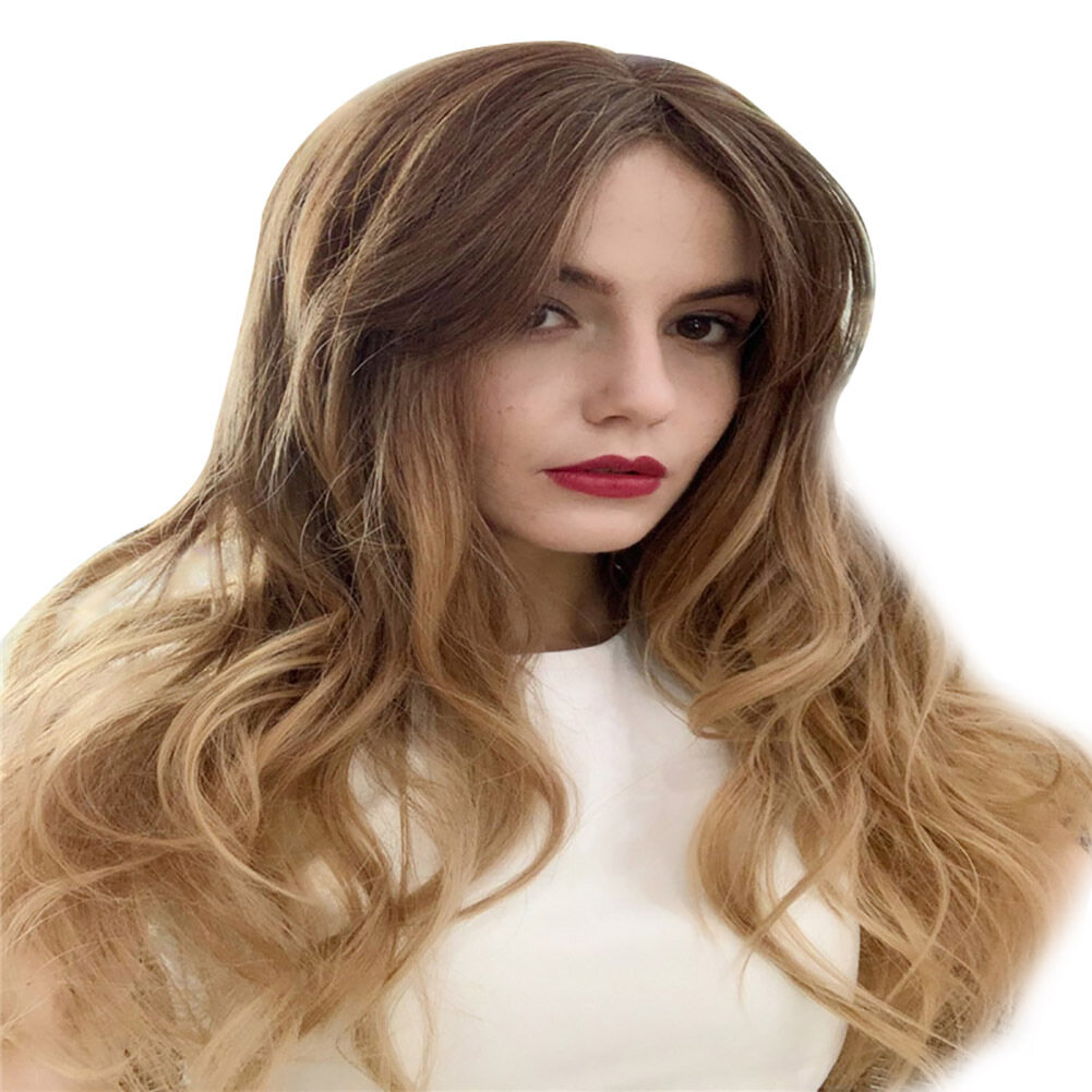 Gambar 18 inch Long Wavy Wig Center Parting Brown Heat Resistant Fiber Wigs for Women Women Lady Daily 18 Inch Long Wavy Center Parting Brown Heat Resistant Fiber Wig Portable Convenient