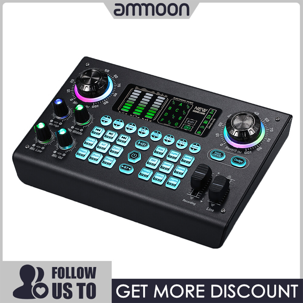 [ammoon]Digital Sound Card BT USB Mixer Mixing Console Built-in 48V Phantom Power Live Mixer Sound Card Effect Device Built-in Rechargeable Battery for Karaoke Mobile Phone Computer Live Broadcast Singing ราคา 1,386 บาท*ส่งฟรี