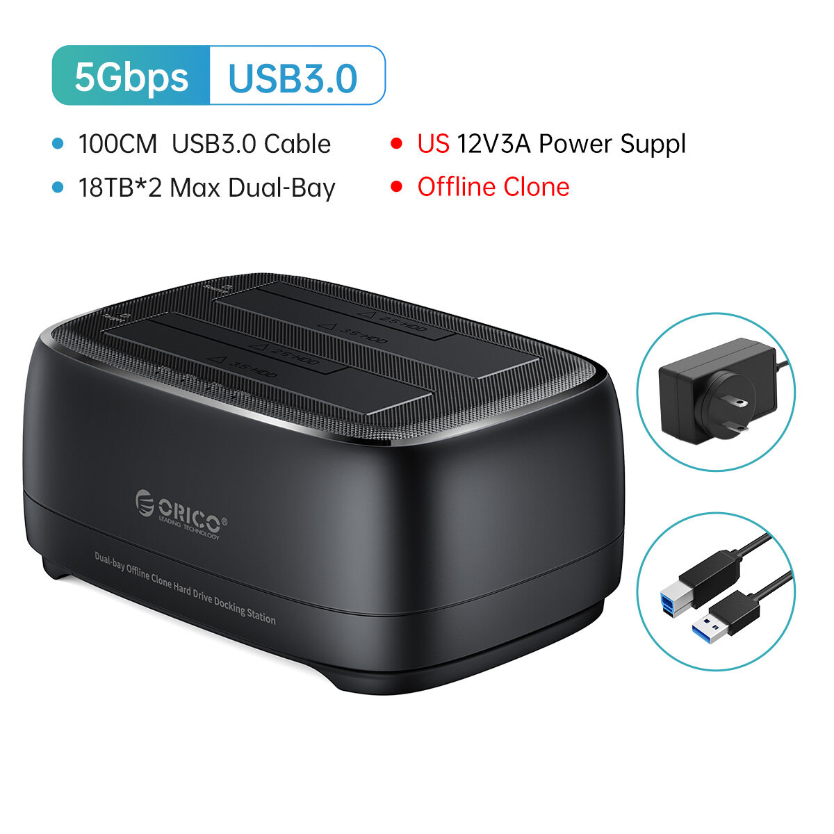 ORICO USB 3.0 để SATA Dual-bay Ổ đĩa cứng gắn ngoài trạm nối với chức năng nhân bản ngoại tuyến cho 
