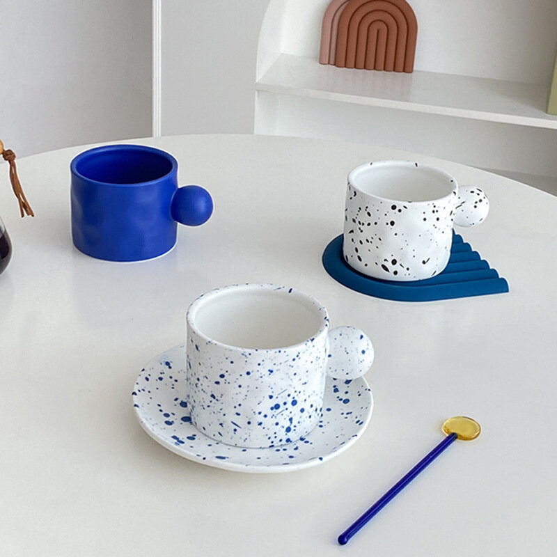 Gambar ?? Ready Stock?? Ins Nordic Blue Ink Splash Ceramic Coffee Cup Saucer Round Handle Mug Underglaze Color Creative Cup