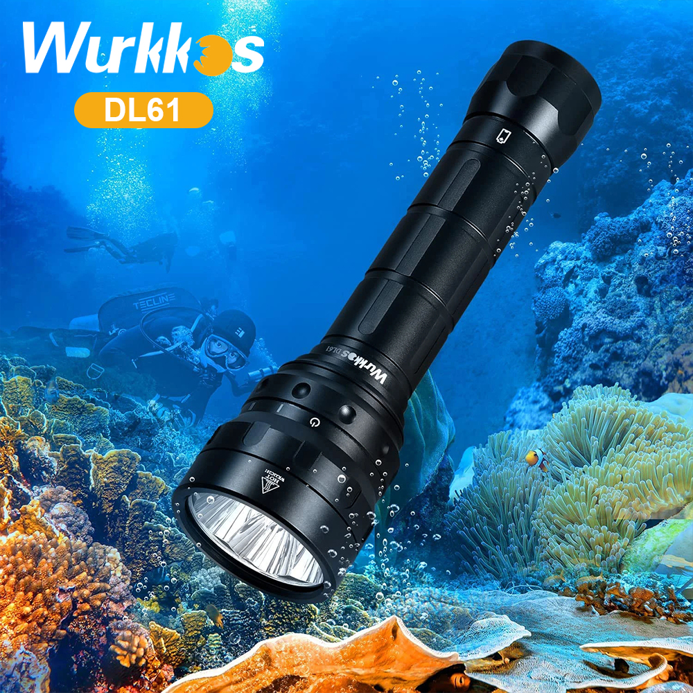 Wurkkos đèn pin lặn 7000lm siêu sáng dl61 đèn pin led cree xpl2 đèn lồng lặn sạc được usb c ipx8 26650 nước sâu