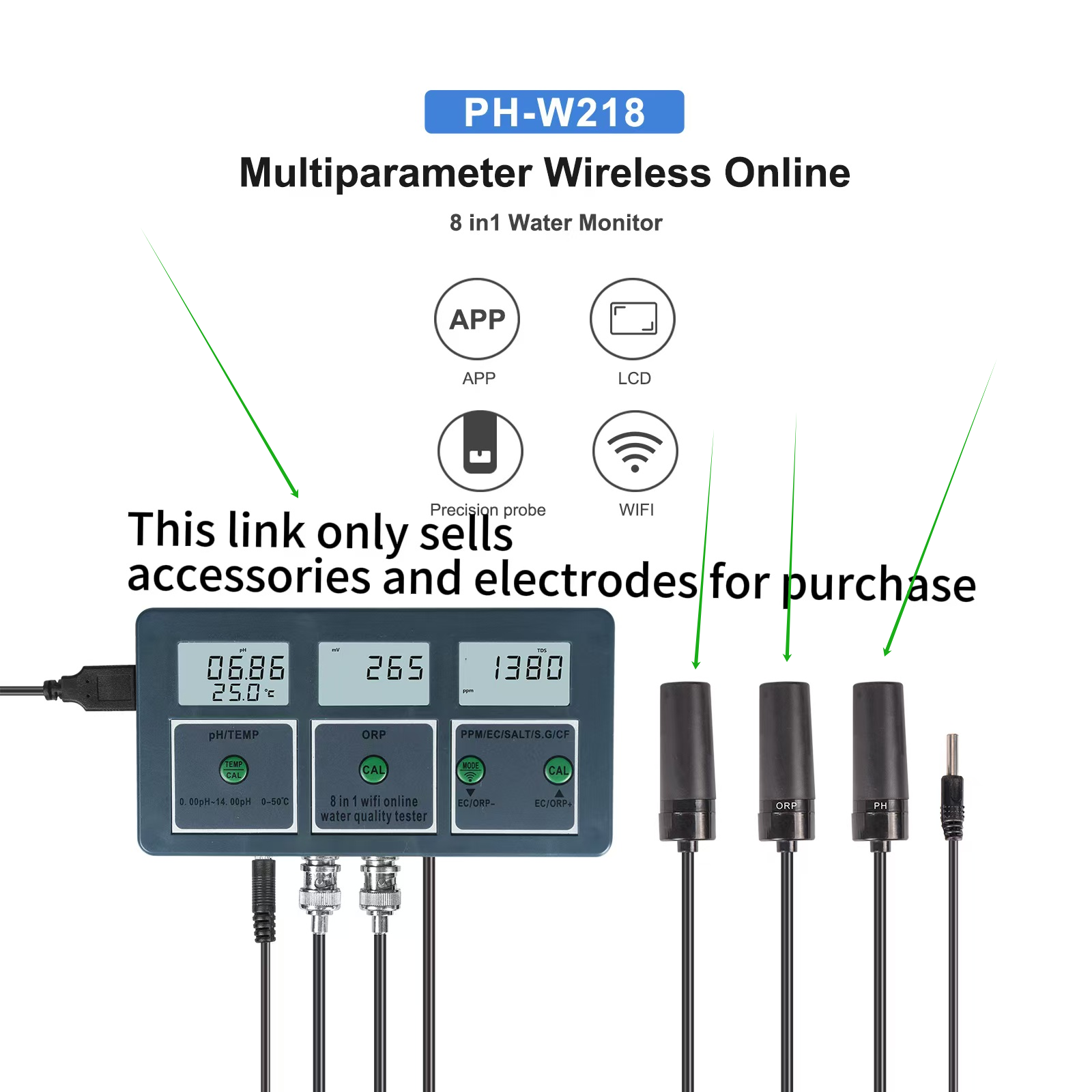 Rcyago Wifi Đồng hồ đo độ PH 8 Trong 1 Thông Minh dụng cụ kiểm tra chất lượng Nước PH/EC/Orp/Tds (ppm)/CF/Salt/SG/Máy kiểm tra nhiệt độ Tuya Ứng Dụng Máy ghi dữ liệu Chức Năng, Aquarium Monitor Cho Hydroponics -- Probe Phụ Kiện Liên Kết