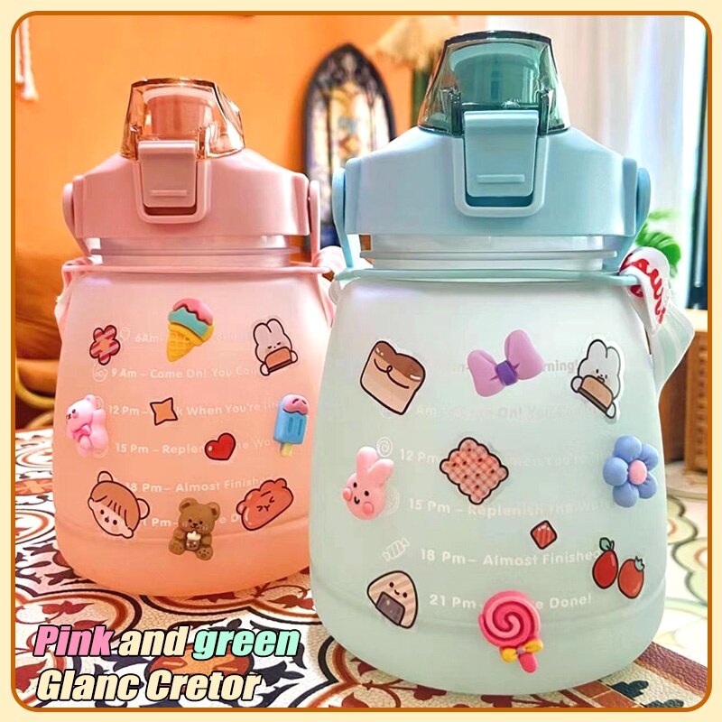 Gambar 1.4L Fitness Cute Water Bottle Ins With Straw Bottle Sticker Cup Frosted Gradient Color Portable With Elastic Cover Can