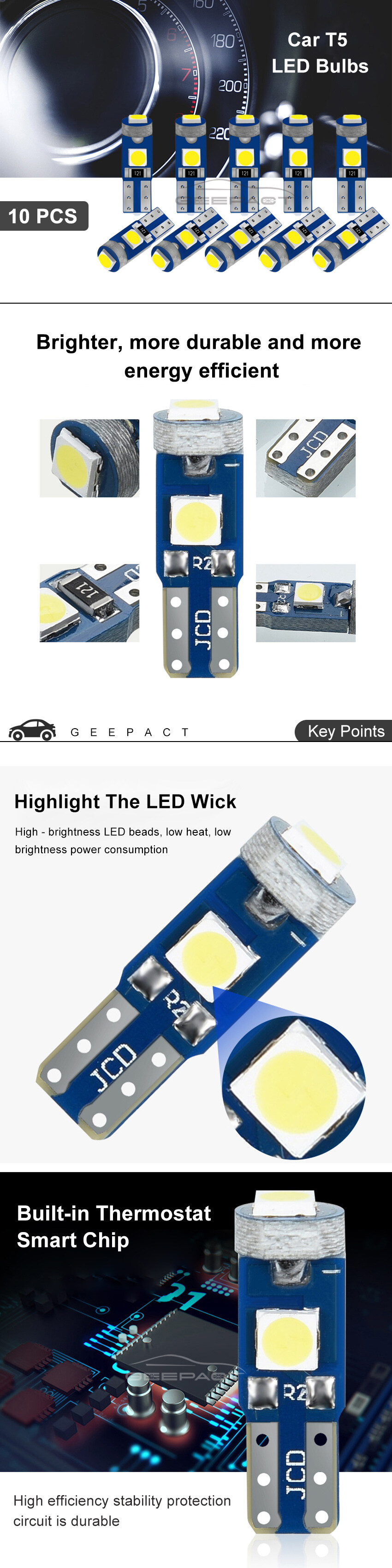 geepact 10 bóng đèn led t5, đèn led nội thất xe hơi canbus w3w 3030 3smd 1