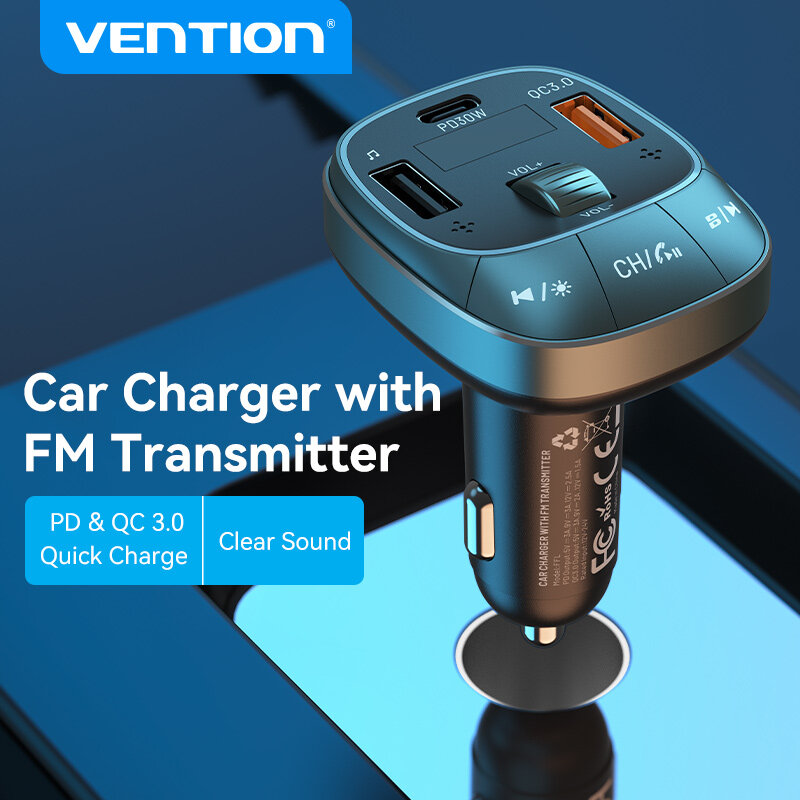 Vention Bluetooth 5.0 Car Charger 48W Fast Charging 3 Port QC 3.0 USB with LED Digital Display for S