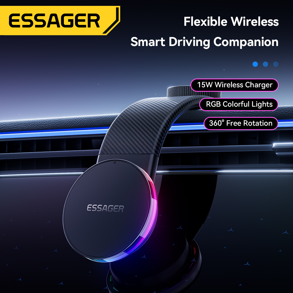 Essager 15W Wireless Charging Car Chargers Foldable Flexible Car Mounts 360 Free Degree Rotation Bendable Car Phone Holder RGB Colorful Ambient Lights 15W Fast Charging Car Wireless Charger For iPhone17 Pro Max iPhone16 15 14 13 12 Samsung Huawei Xiaomi Giá 635,581 Đồng*Miễn phí vận chuyển