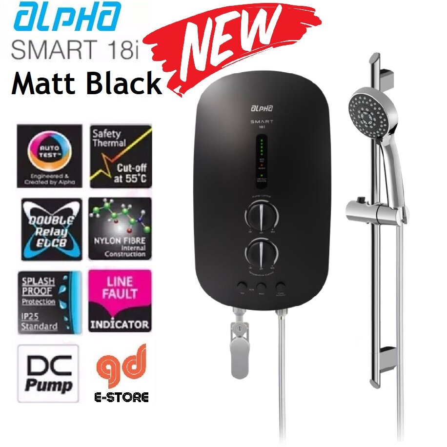 New Matt Black Colour] Alpha Water Heater Smart 18I Plus RS Inverter DC  pump Rain Shower Metal Black White Matt Black | Lazada