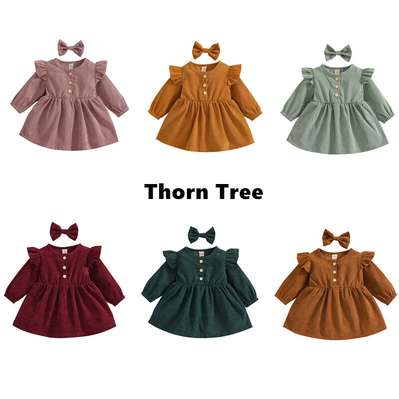 Thorn Tree 2Pcs Baby Girl Dress Set Long Sleeves Round Neck Cotton Dress