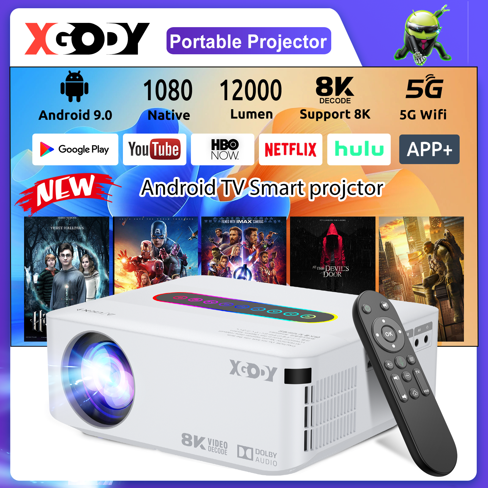 เครื่องโปรเจคเตอร์ มินิโปรเจคเตอร์โฮมเธียเตอร์ Xgody X1 Android 1080P Smart Projector 4.5 inch LCD Screen 12000 Lumens HD Theater Portable Projector for Home Theater Support 5G Wifi Display Bluetooth 5.0 Free Shipping