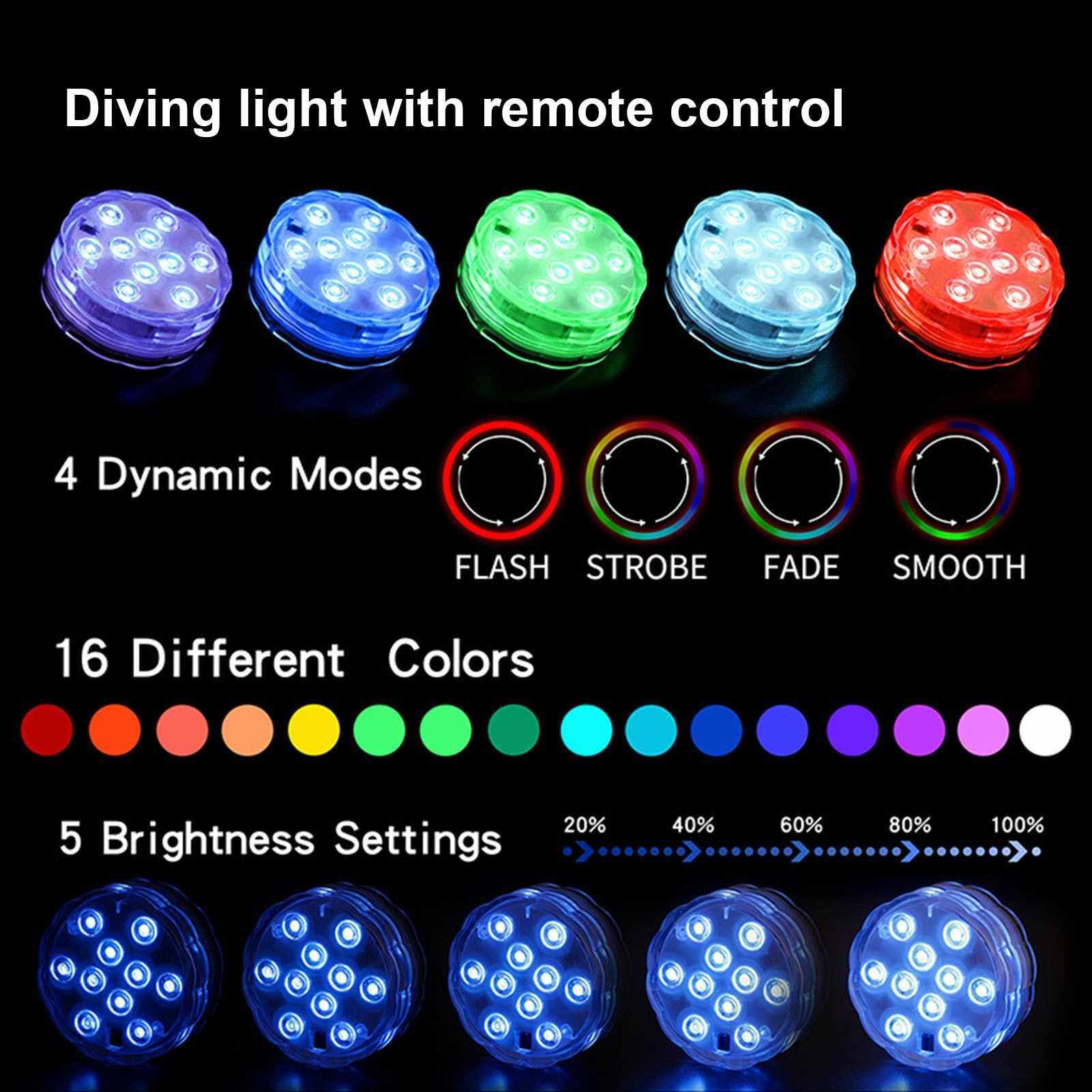 Diving LEDs Lights with RF Remote Cell Operated IP68 Waterproof