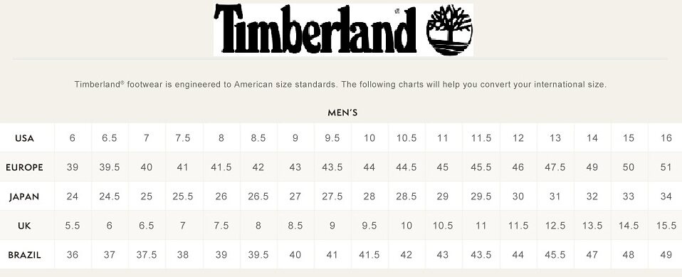 timberland size table