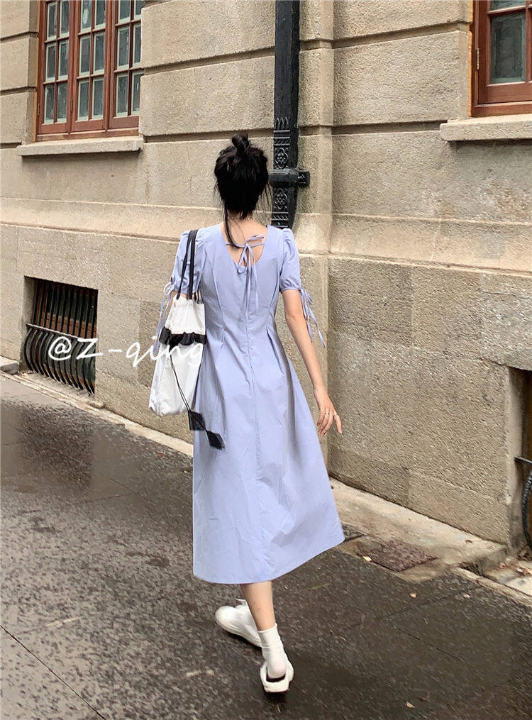 French style square collar puff sleeve dress design niche temperament slim fit gentle first love backless white fairy skirt