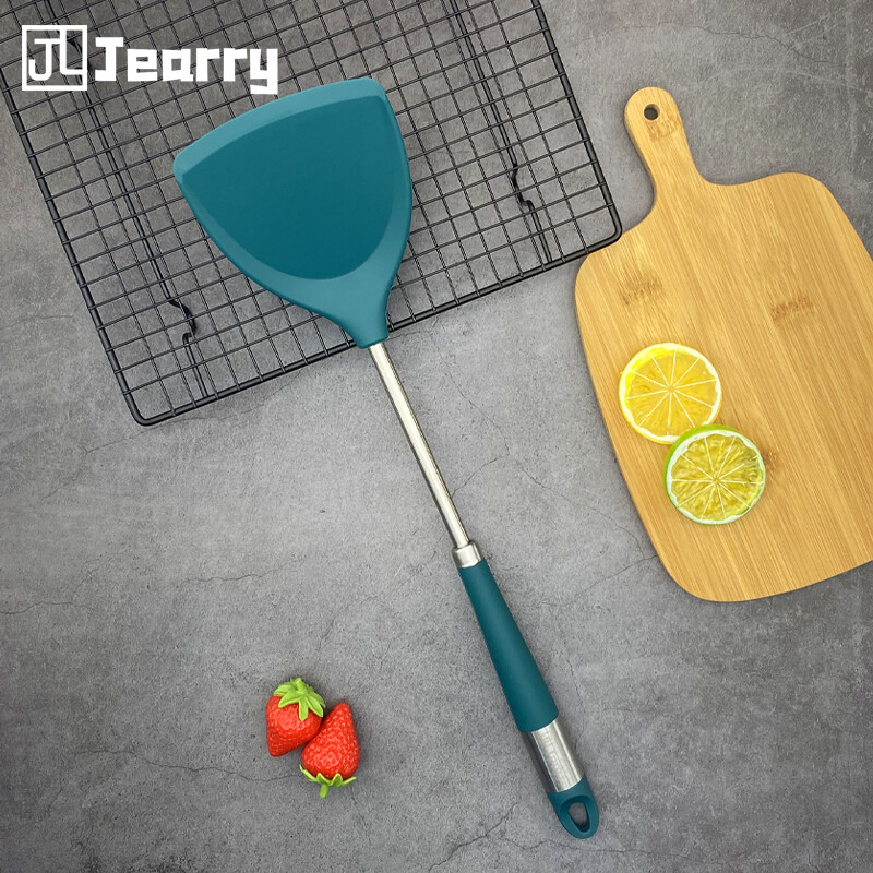 Gambar Jearry 304 Stainless Steel Silicone Spatula Heat Resistant Food Grade Green Silicone Turner Kitchen Utensils