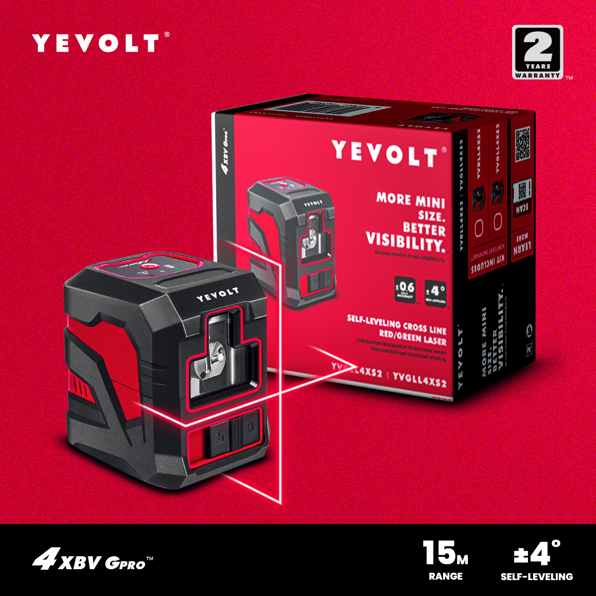 YEVOLT 2 Lines Red Green Line Laser Level Self-leveling Cross Line Horizontal & Vertical High Visibility Measuring Tools