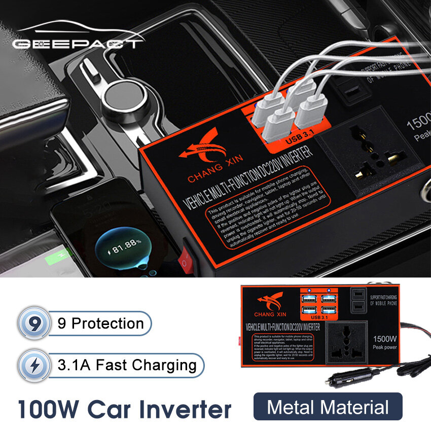Geepact bộ biến tần xe hơi 100w bộ chuyển đổi nguồn 12v24v sang 220v bộ sạc 4 usb sạc nhanh 3.1a ổ cắm thông dụng ổ cắm tiêu chuẩn trung quốc và mỹ bộ chuyển đổi bật lửa thuốc lá bộ biến tần điện xe hơi