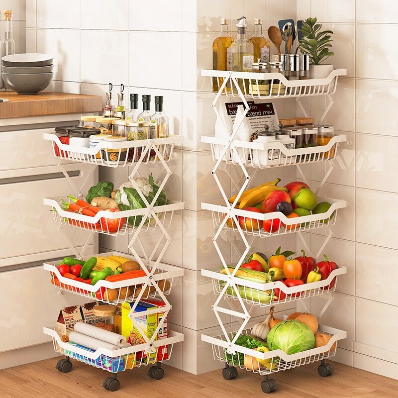 Gambar Foldable kitchen vegetable shelf multi layer mobile landing basket receive a basket of fruit shelf in living room