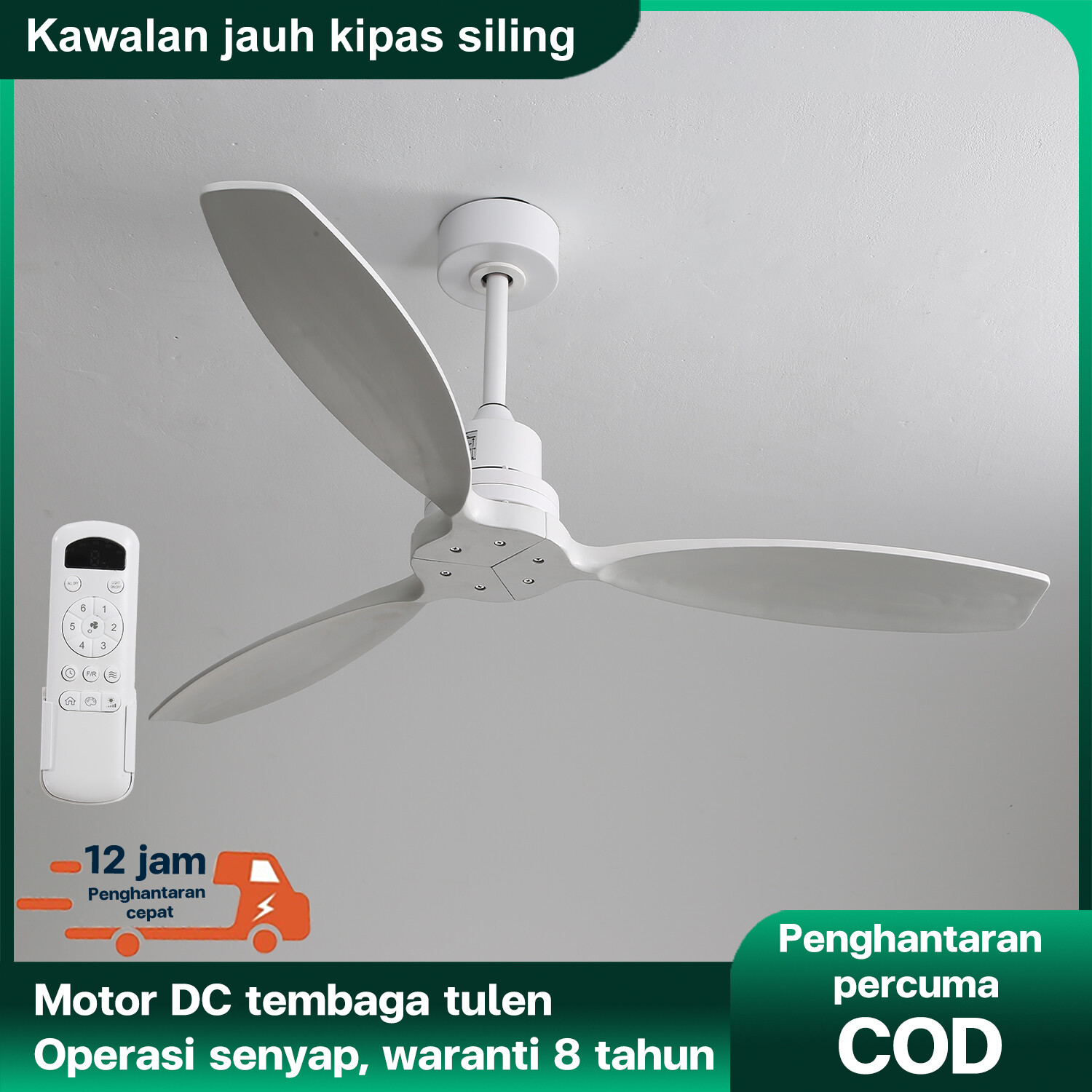 52-inch ceiling fan light, solid wood white fan, large ceiling fan with remote control, six-speed DC motor with forward and reverse rotation, suitable for living rooms, dining rooms, bedrooms, etc. Harga  561 Ringgit*Penghantaran Percuma