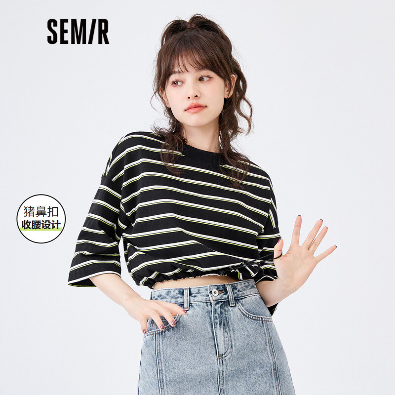 Semir áo thun nữ ngắn cotton kẻ sọc áo thun màu tương phản eo 2022 mùa xuân mới ngọt ngào và mát mẻ
