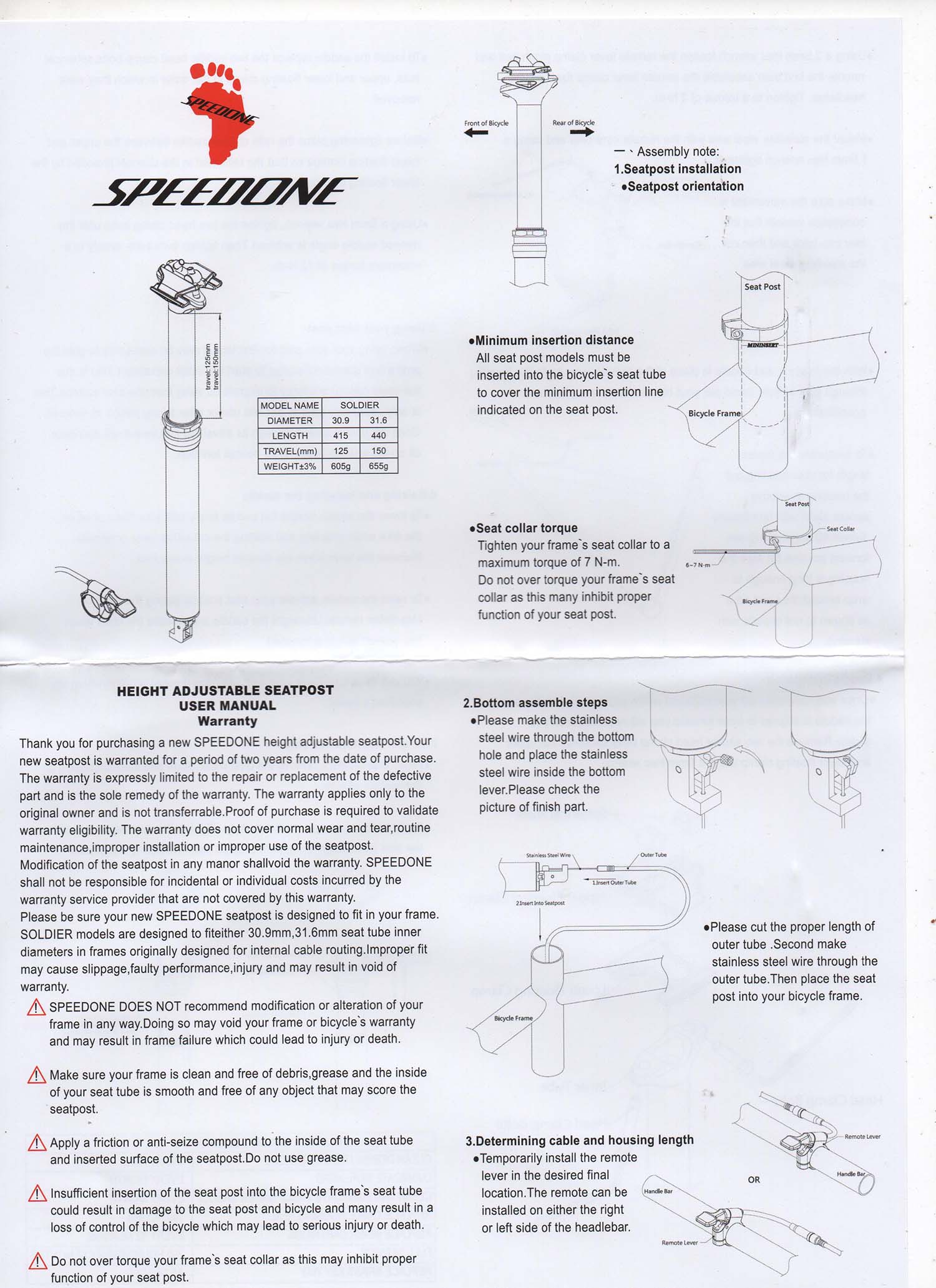 DROPPER SEAT POST SPEEDONE SOLDIER 31.6 