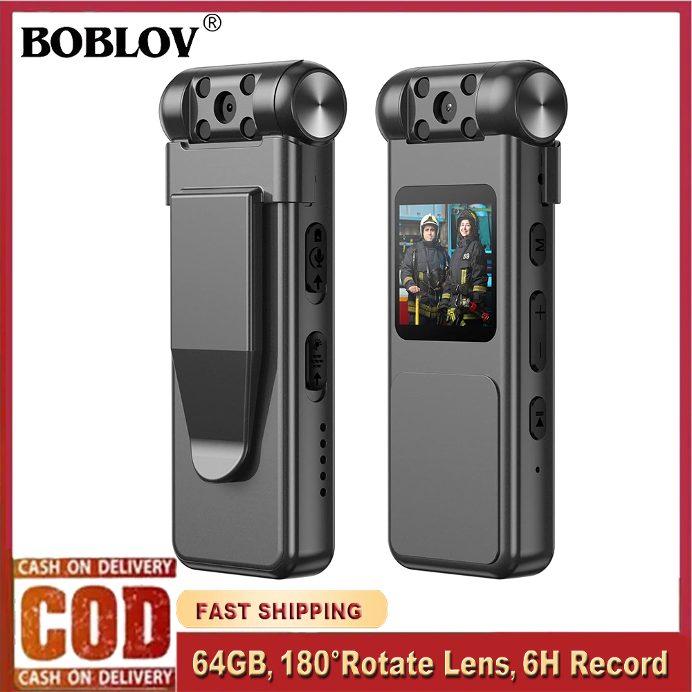 BOBLOV V18 Mini Body Camera 64GB, HD 1080P Video Camera with 180° Rotatable Lnes Auto Upsidedown Image Night Vision Body Worn Camera 6 Hours Recording Audio Video Camcorder Vlog Camera for Daily, Delivery, Sports ราคา 1,498 บาท*ส่งฟรี