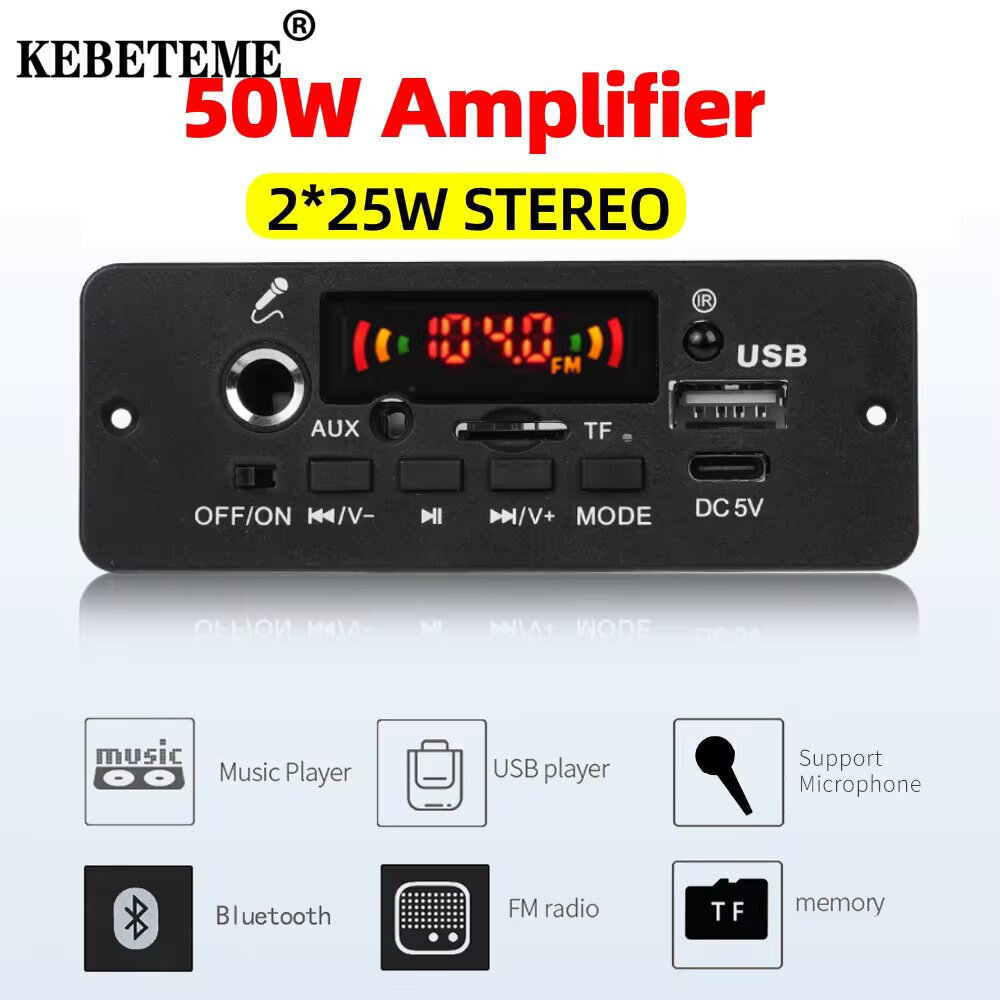Kebeteme DC 5V Bluetooth 5.0 bảng mạch Giải Mã MP3 50W 10W khuếch đại Máy nghe nhạc MP3 hỗ trợ cuộc gọi ghi âm 3.5mm USB TF FM cho mô-đun Loa xe hơi
