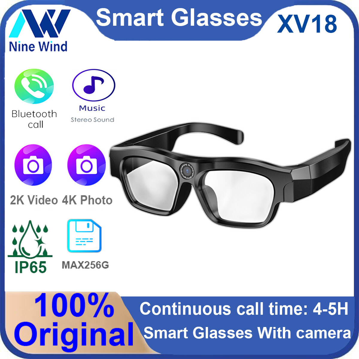 NineWind XV18 smart Glasses new generation head-mounted fashion bluetooth sunglasses 256g replaceable myopia lens 4K ultra-clear Fashion glasses With camera ราคา 2,794 บาท*ส่งฟรี