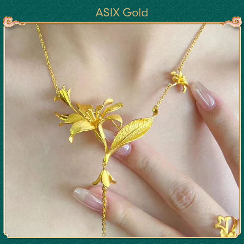 ASIX GOLD 916 gold lucky trumpet flower necklace 18K gold Korea fashion niche high design ladies necklace Not allergenic It does not fade Exquisite wedding and holiday gifts ราคา 177 บาท*ส่งฟรี