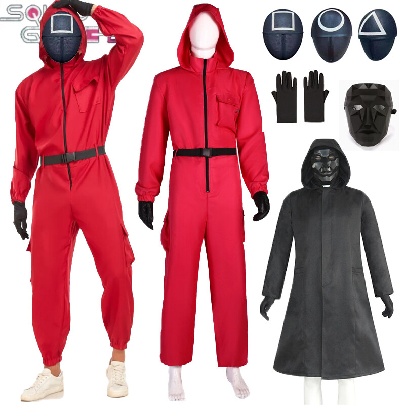 Korean Squid Game Costume Adult Kids Clown Cosplay Jumpsuit With Glove Masks Movie La Casa De Papel Dali Red Hooded Jumpsuit Halloween Role Playing Costumes