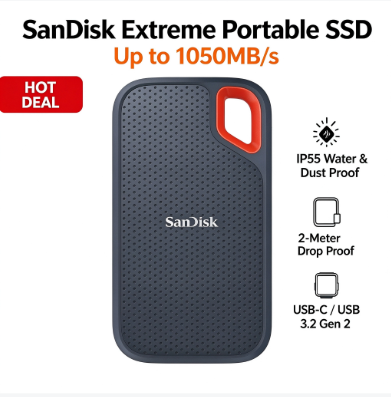 หน่วยความจำ SSD Solid State Drive Sandisk Extreme Portable 1050MB/s NVMe USB-C IP55 Pocket Drive กันน้ำสำหรับ iPhone 15 แล็ปท็อปและการสำรองข้อมูลกลางแจ้ง (1TB–10TB) ราคา 1,727 บาท*ส่งฟรี