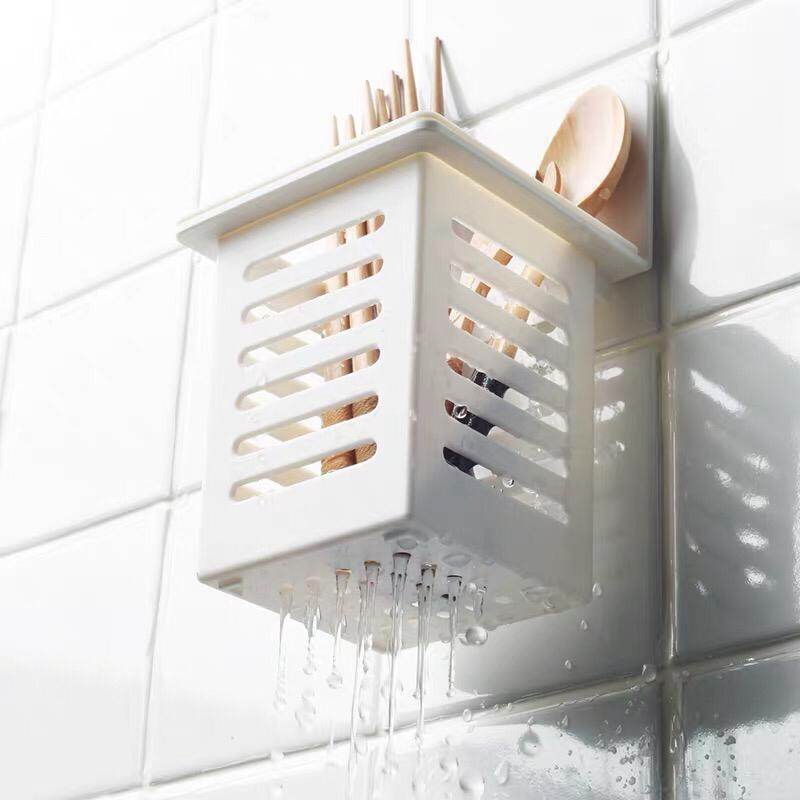 Gambar Cutlery Drain Wall Mount Clean Neat Chopstick Spoon Fork Kitchen Portable Sticker No Drill Stick Water Rack Rail