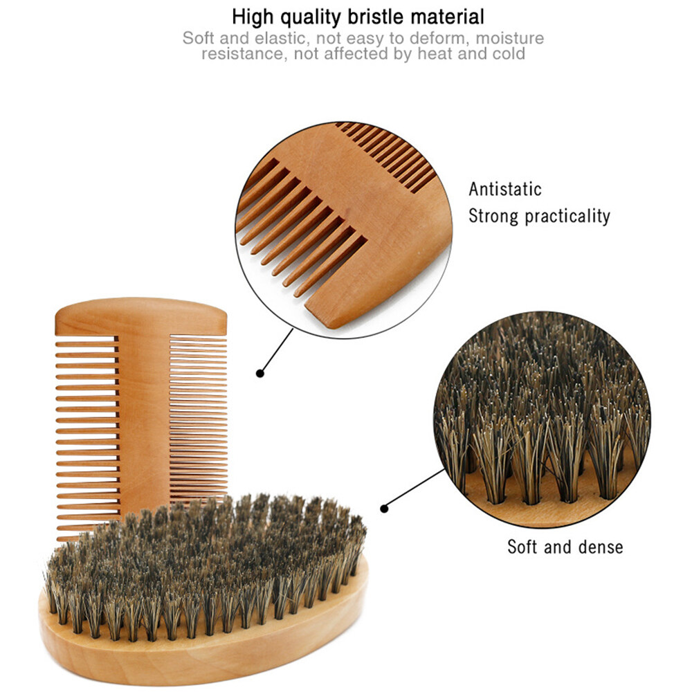 Bàn Chải Râu Gỗ Lông Heo Rừng Mềm Tự Nhiên Bộ Lược Chải Râu, Dụng Cụ Cạo Râu Thợ Làm Tóc Cho Nam, Bộ Lược Chải Ria Mép Có Túi