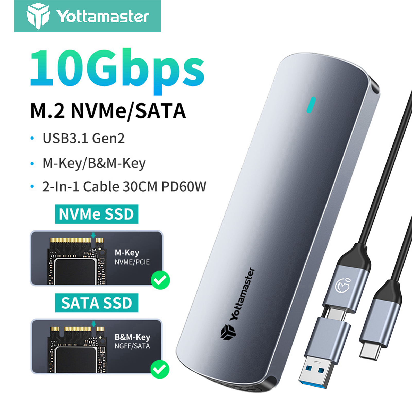 Yottamaster 4 Types 10Gbps M.2 NVME SATA SSD Enclosure M and B&M Key SSDs External Case for All M.2 2230 2242 2260 2280 NVME SATA SSDs up to 4TB USB A USB C 2 in 1 for All Laptops PCs Ipads OTG Phones ราคา 540 บาท*ส่งฟรี