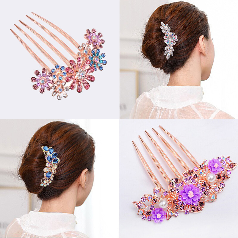 Lược Chải Tóc Đính Đá Cá Tính, Lược Đính Pha Lê Hình Hoa Kẹp Tóc Hàn Quốc Chống Trượt