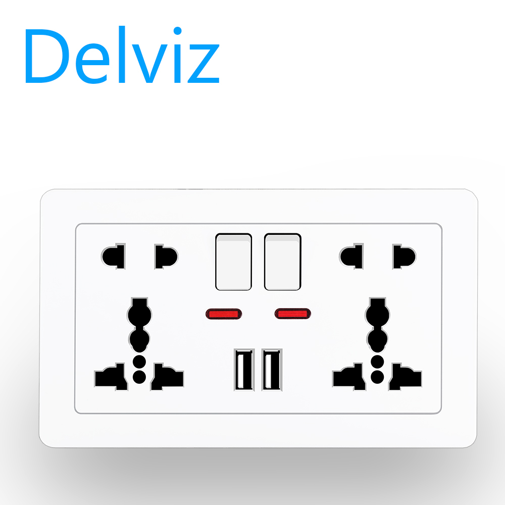 Delviz wall power socket 13A with switch control, USB socket intelligent quick charging 5V2100mA. 5-hole panel 146mm*86mm, with socket mounting box.