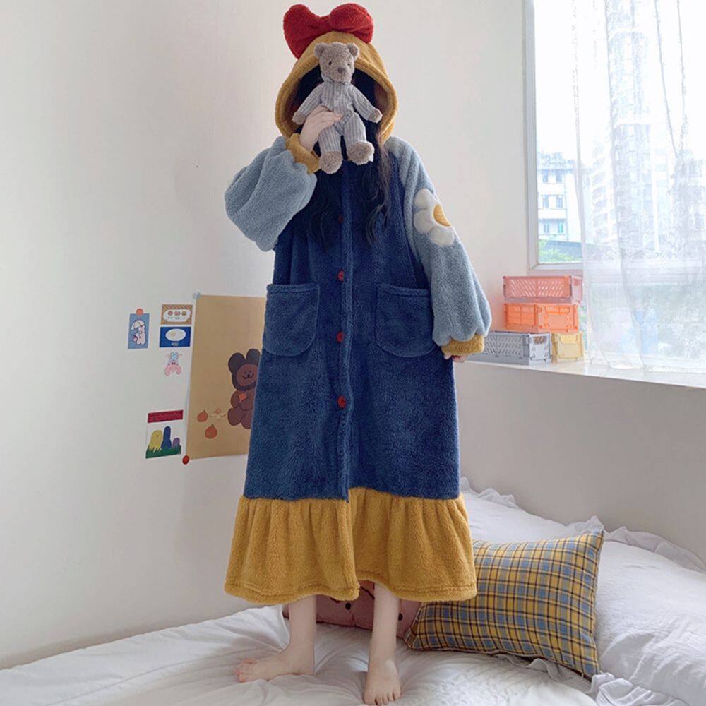 EURITES Đồ Ngủ Nơ Hoa Ấm Áp Thiết Kế Thời Trang Áo Ngủ Pyjama Hoạt Hình Áo Choàng Tắm Mặc Nhà Phong Cách Hàn Quốc Áo Choàng Nữ 4