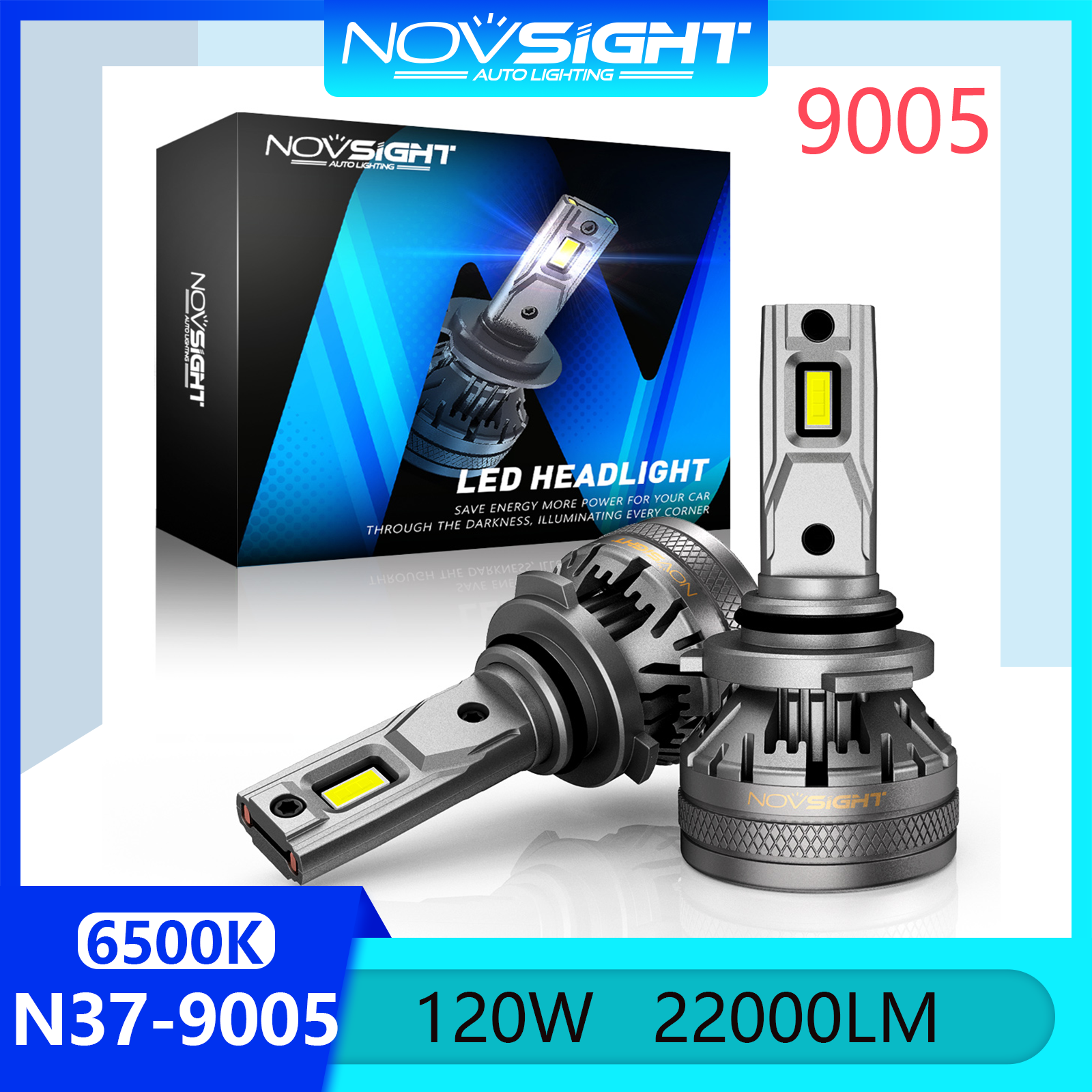 Novsight N37 6500K Đèn LED siêu sáng cho ô tô HB3 9005 Bộ đèn pha Led Đèn sương mù Chùm sáng cao / thấp 120W 22000LM Cắm và chạy trong kho Cặp bảo hành 2 năm Miễn phí vận chuyển