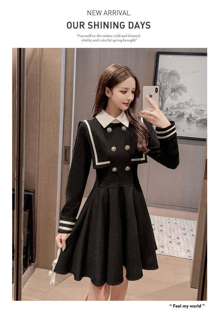 Navy style dress for women 2021 Spring and Autumn new small waist-tight temperament contrast color college style long sleeve A- line dress