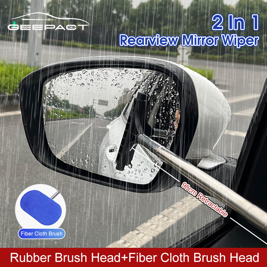 Geepact Car Wiper 2 IN 1 Car Rearview Mirror Wiper Rubber Brush/Fiber Cloth Brush Retractable Rubber Squeegee Cleaning Tools Universal Mirror Glass Care with 98cm Telescopic Long Rod for Rainy Foggy Weather