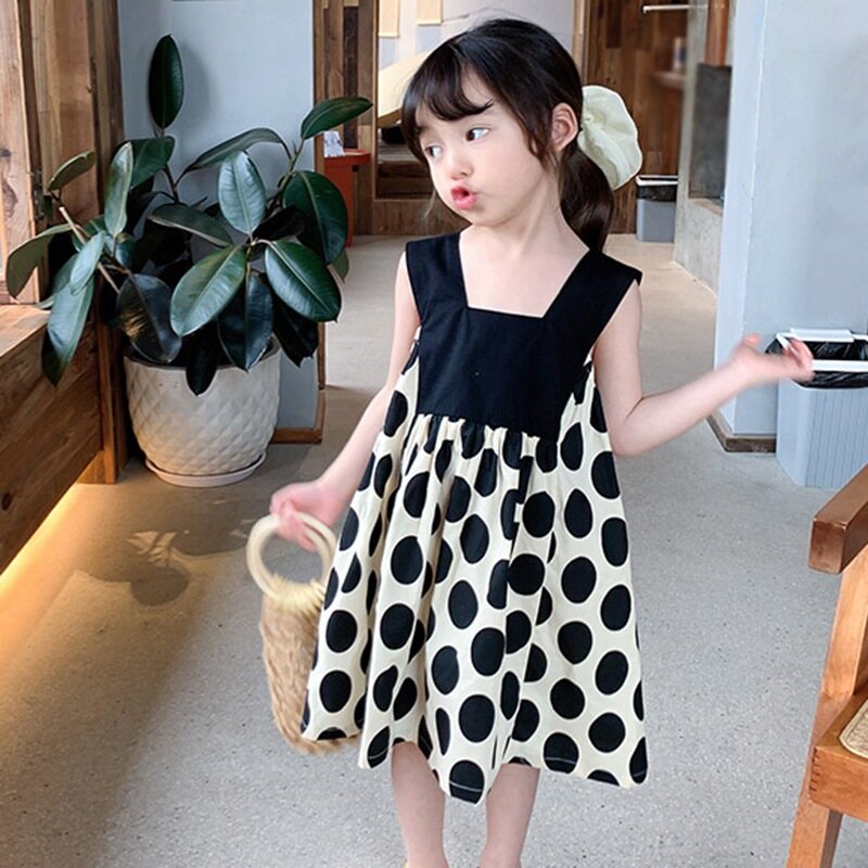 2-8years Cô Gái Váy in chấm bi eo phồng cổ áo vuông Đầm không tay