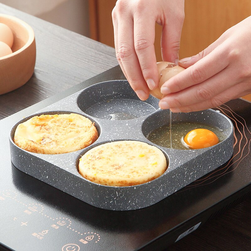 Gambar 4 Holes Egg Frying Pan Multifunction Hamburger Steak Non Stick Pan High Quality Wooden Handle Cooking Pan Cooking Utensils